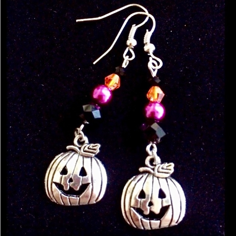 Halloween Jack o Lantern Pumpkin Orange Black Crystal and Purple Pearl Earrings